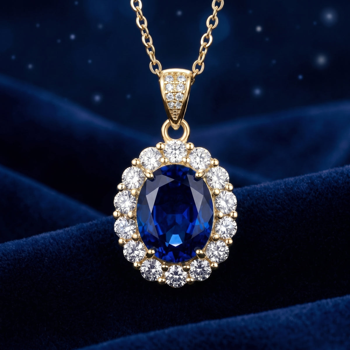 The Serenara Halo simulated sapphire necklace in 14K solid yellow gold.