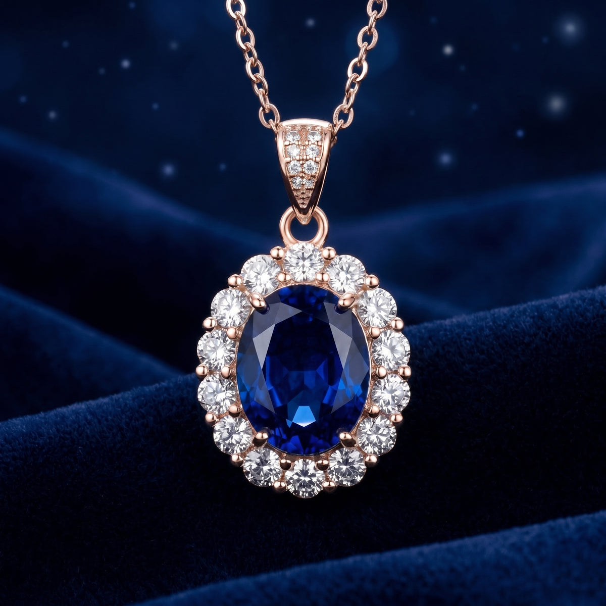 The Serenara Halo simulated sapphire necklace in 14K solid rose gold.