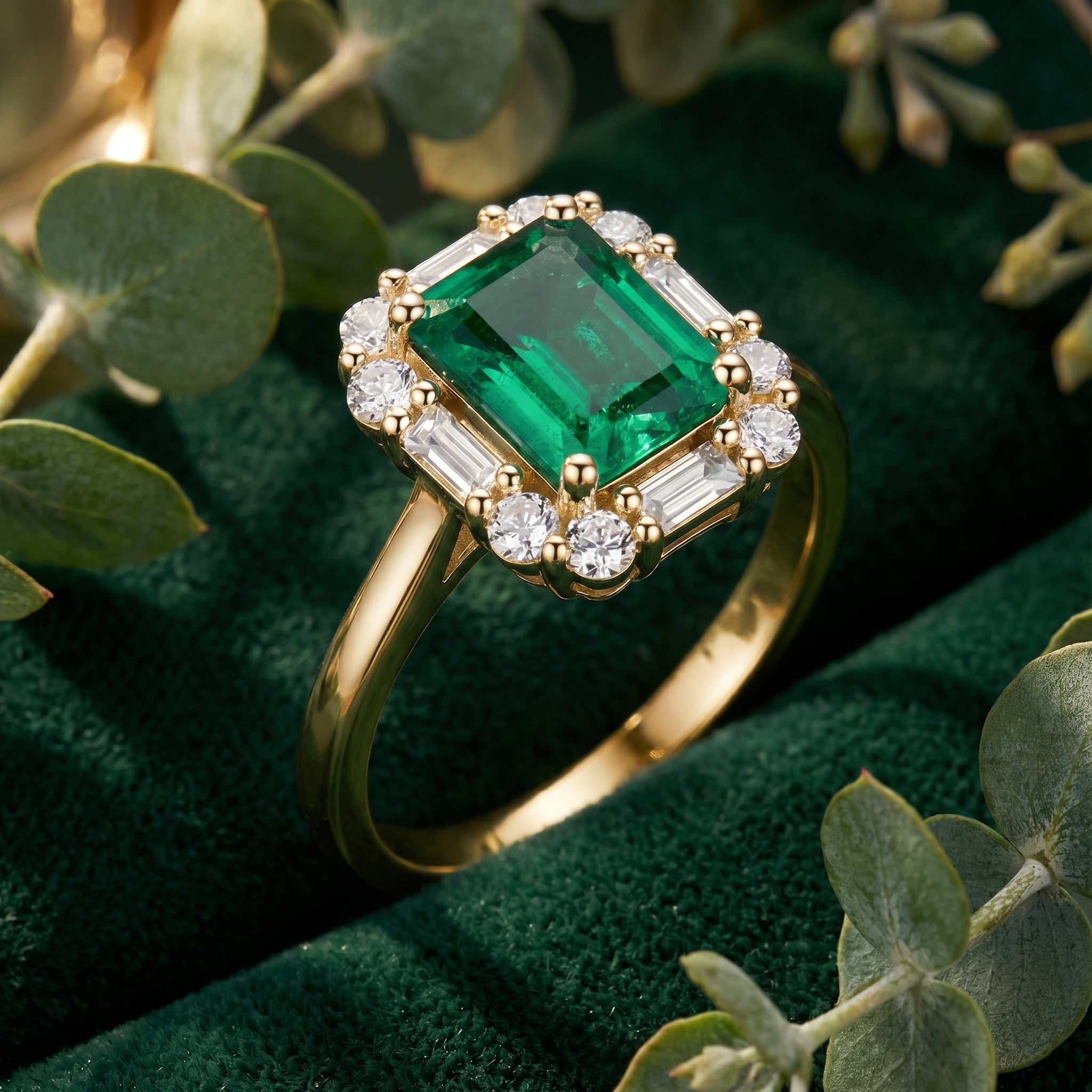 Octagon simulated emerald ring in solid yellow gold.