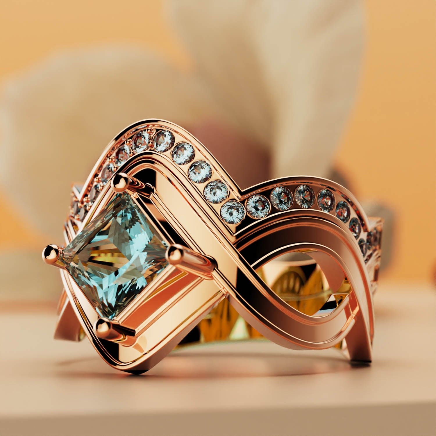 Aqua Elegance: anillo de dos piezas de corte princesa en oro vermeil rosa de 18 quilates