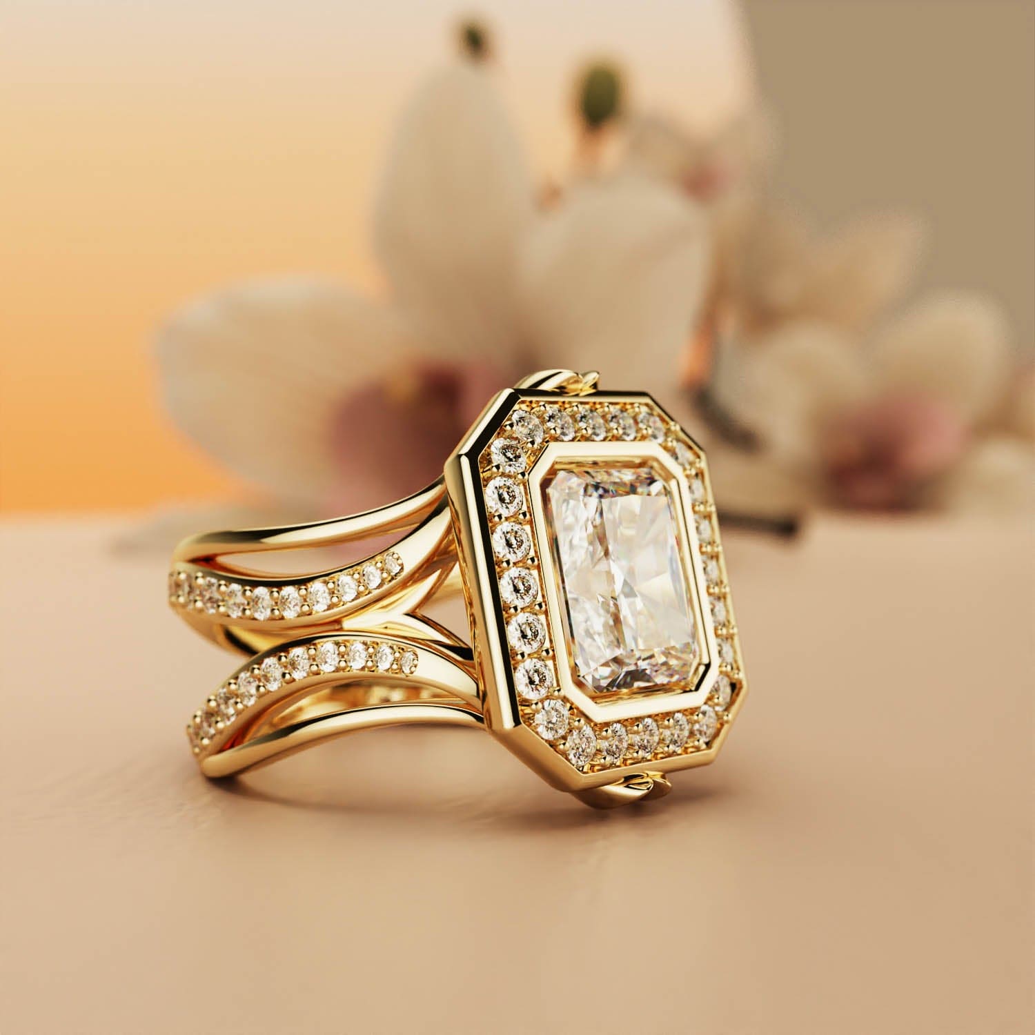 Elysian Glow: anillo de diamantes de talla esmeralda - bañado en oro de 18 quilates