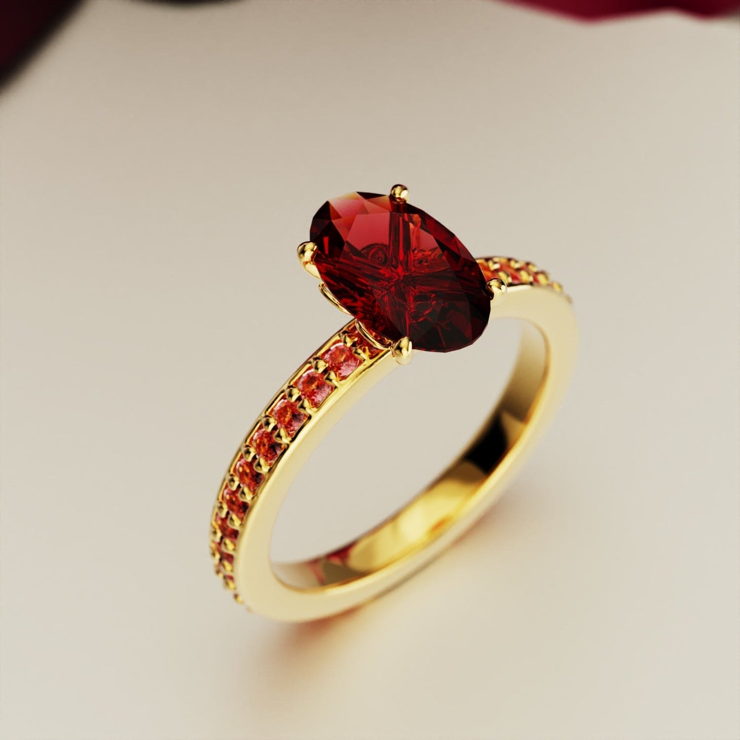 Elegancia carmesí: anillo de eternidad de corte ovalado - bañado en oro de 18 quilates
