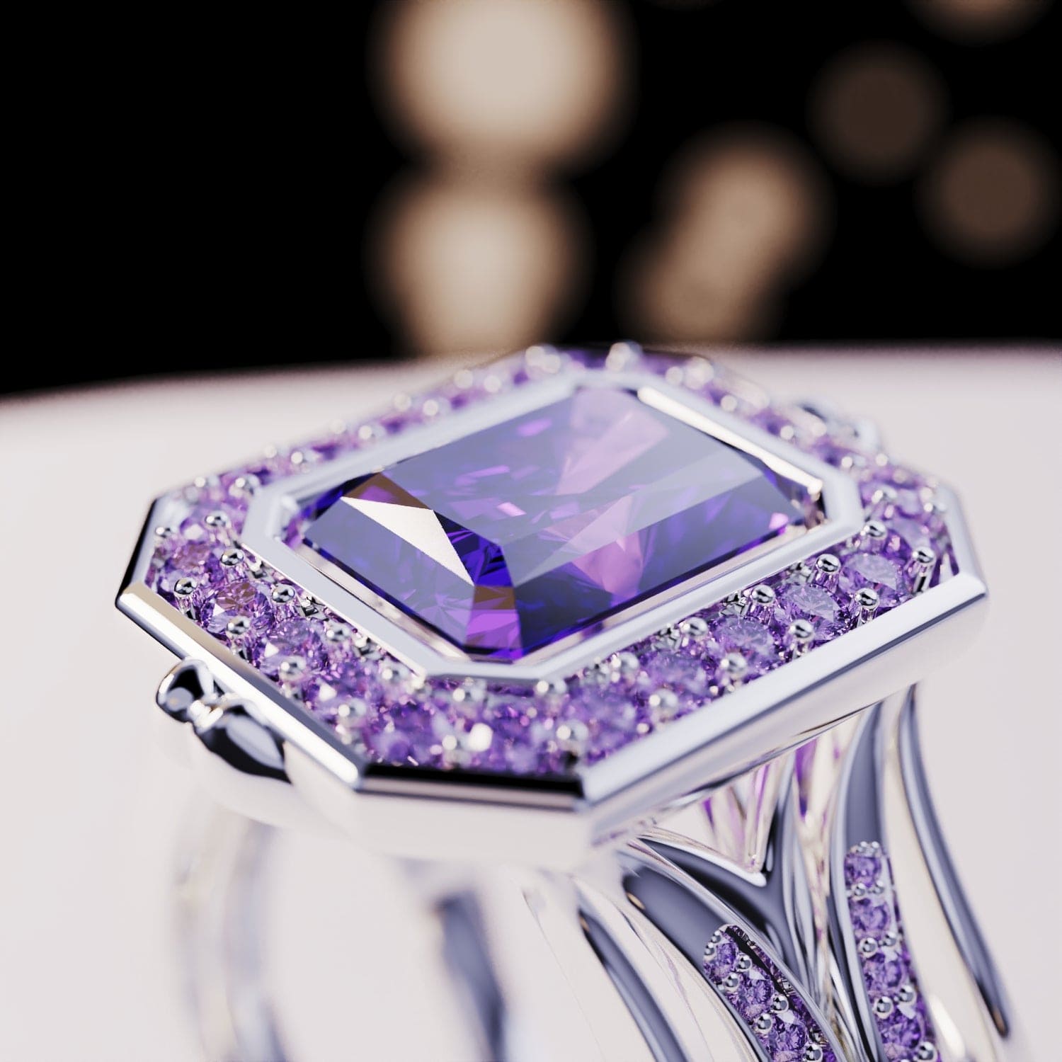 Corona violeta: anillo de amatista talla esmeralda - Plata de ley S925
