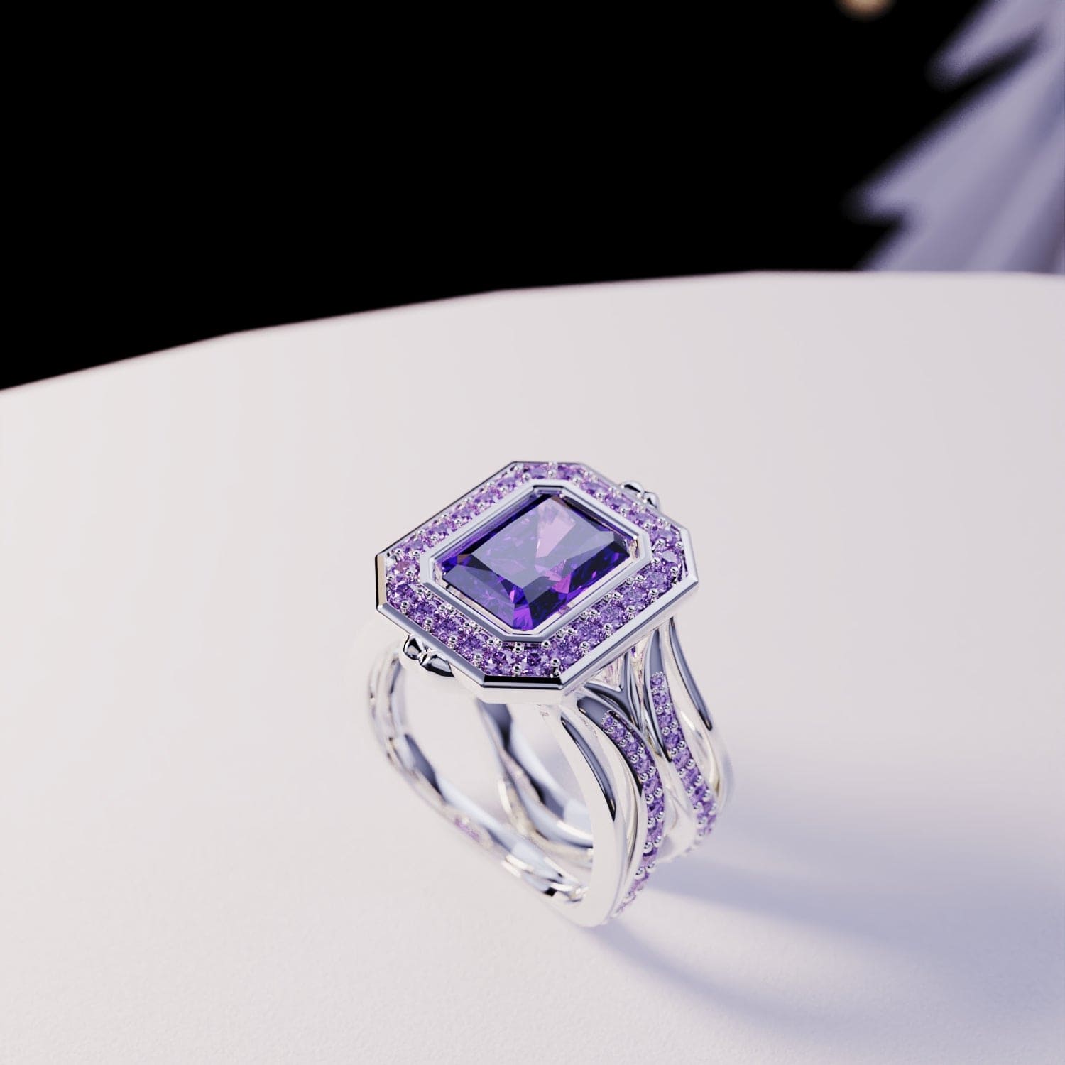 Corona violeta: anillo de amatista talla esmeralda - Plata de ley S925