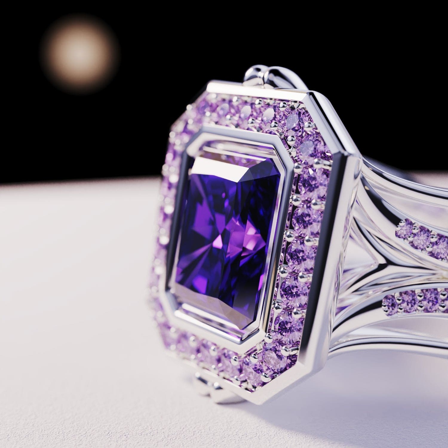 Corona violeta: anillo de amatista talla esmeralda - Plata de ley S925