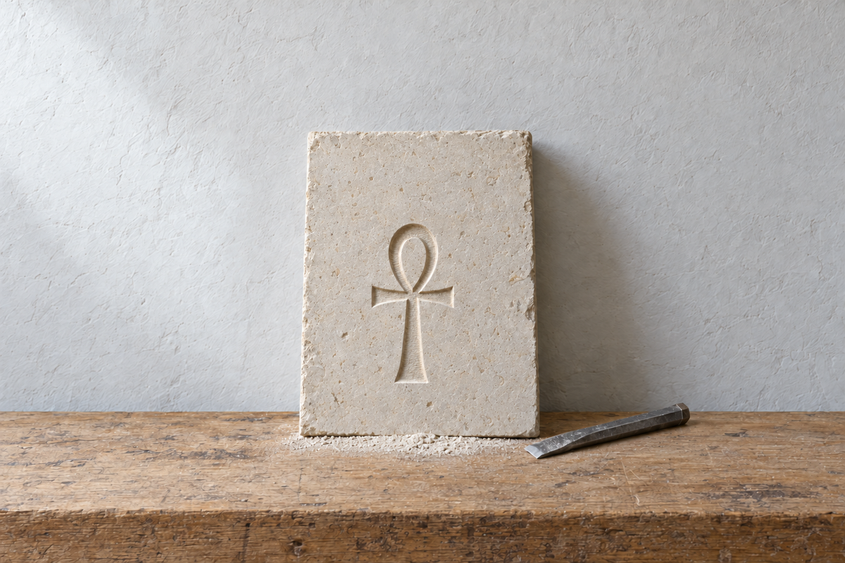 Illustration of an ankh symbol carved into a pale limestone tablet on a wooden workbench, next to a steel chisel.