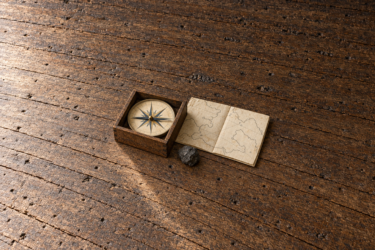 Illustration of an antique-style compass with a rose-patterned direction card in an open wooden box on a chart table, beside a folded sea chart and a small dark lodestone.
