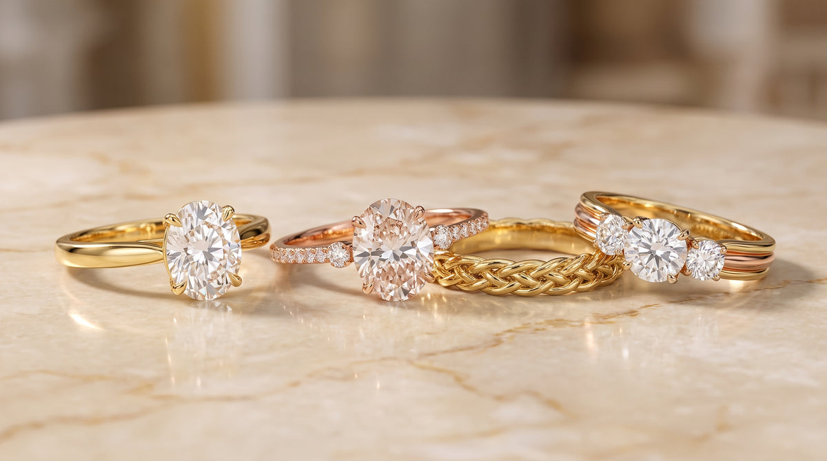 14k yellow gold moissanite ring editorial image