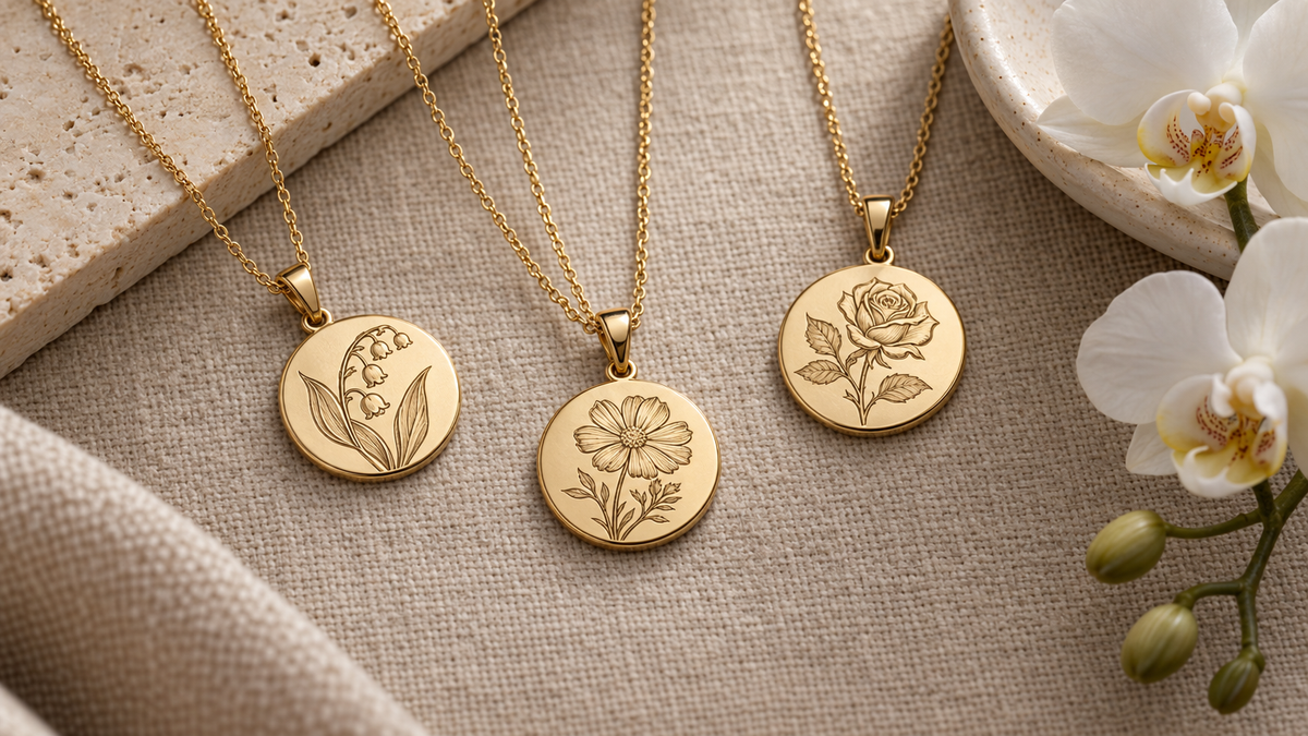Illustrative gold-tone necklaces with engraved flower designs on linen; not verified depictions of listed products, materials, dimensions or month-specific designs.
