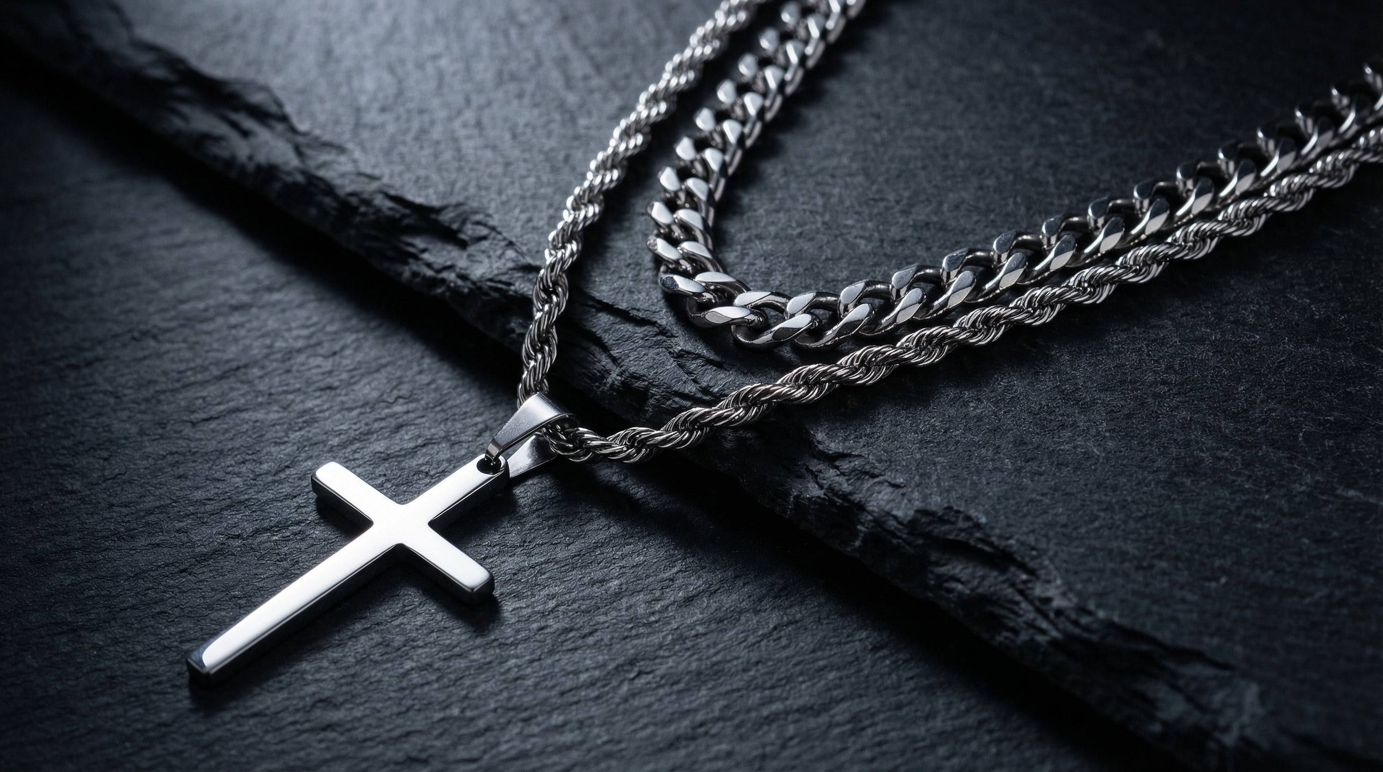 mens silver necklace with cross - hero image