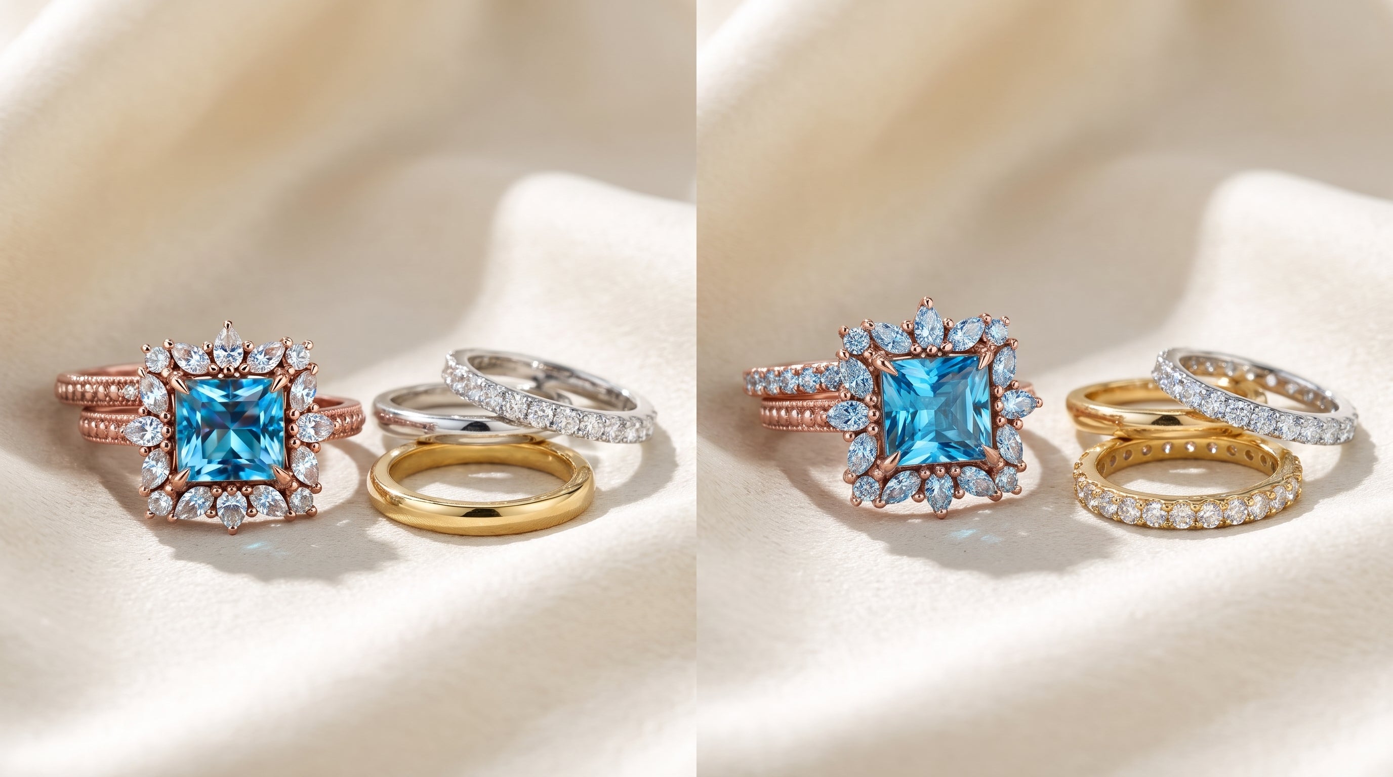 moissanite vs cubic zirconia side by side editorial image