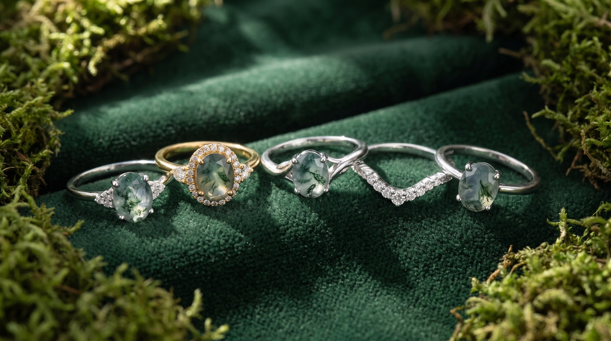 moss agate engagement ring oval editorial image