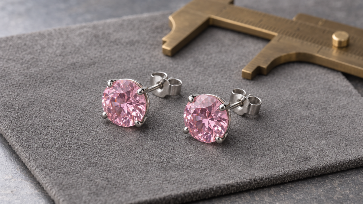Illustrative silver-tone stud earrings with pink stones beside a caliper; not verified depictions of listed products, materials or dimensions.