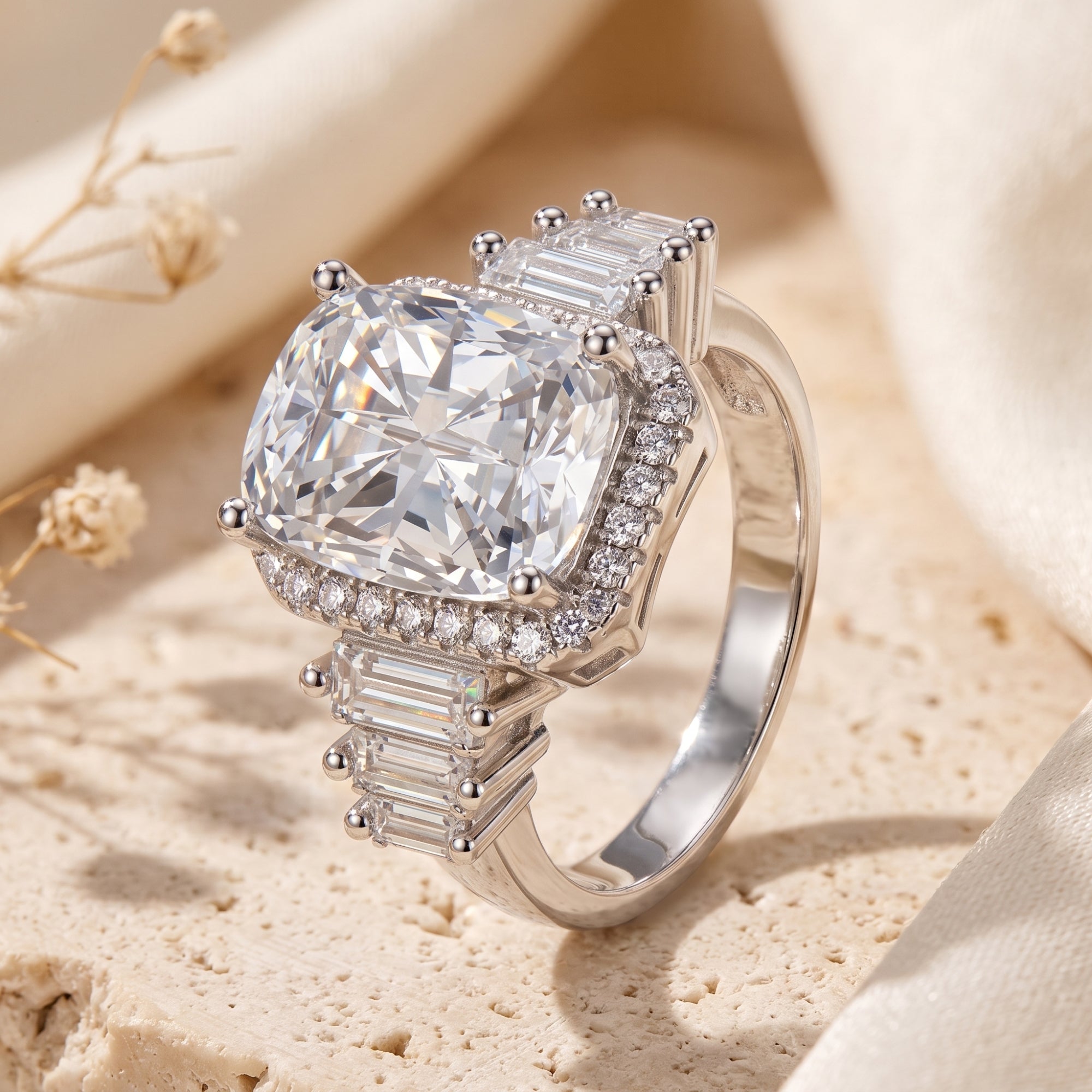 Cushion-cut simulated diamond halo ring in sterling silver on a textured stone surface.
