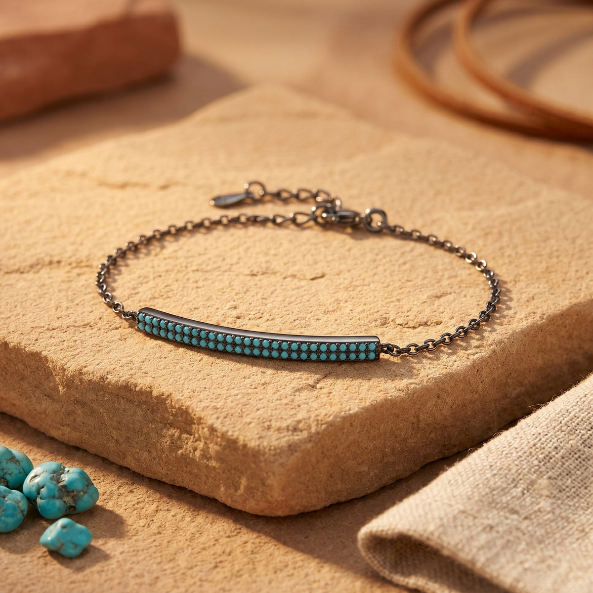 Natural Turquoise Bar Chain Bracelet – 925 Sterling Silver Women