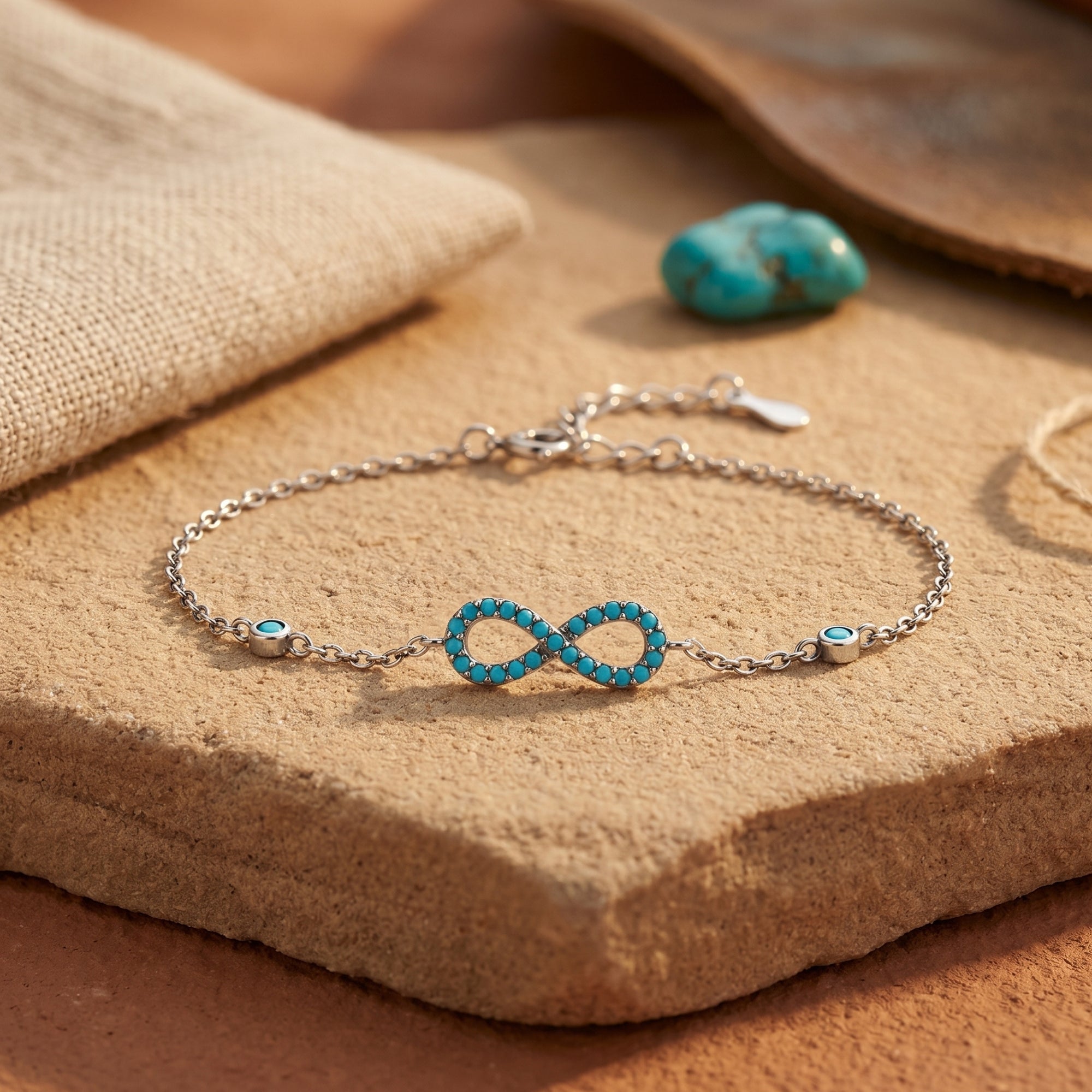 Silver infinity bracelet with round turquoise stones on a desert-inspired stone surface.