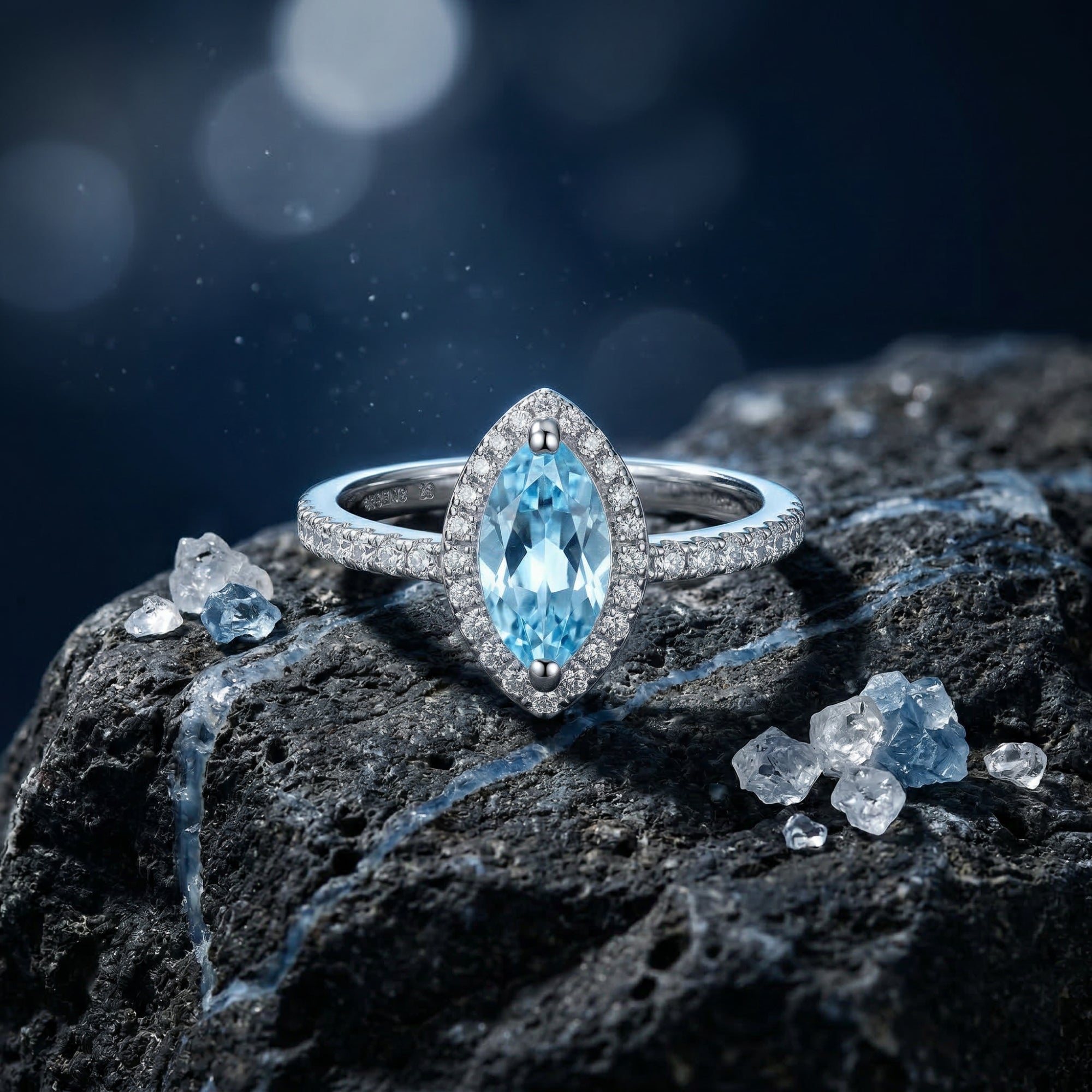 Marquise cut natural blue topaz ring in S925 sterling silver halo setting, resting on a dark textured rock.