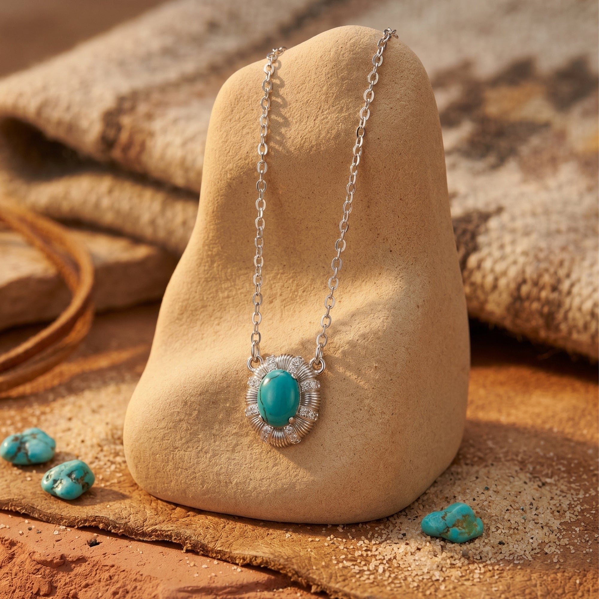 Silver Arizona turquoise necklace with an oval cabochon in a starburst bezel, displayed on a desert-themed stone.