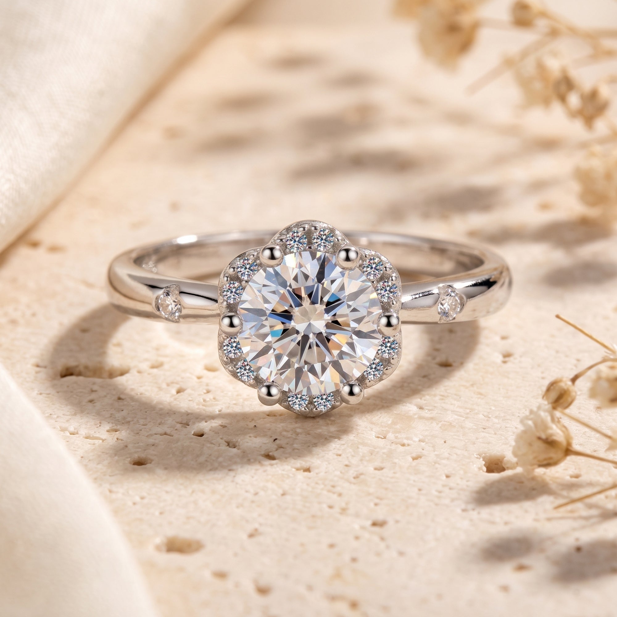 S925 sterling silver floral halo ring with round cubic zirconia on stone.