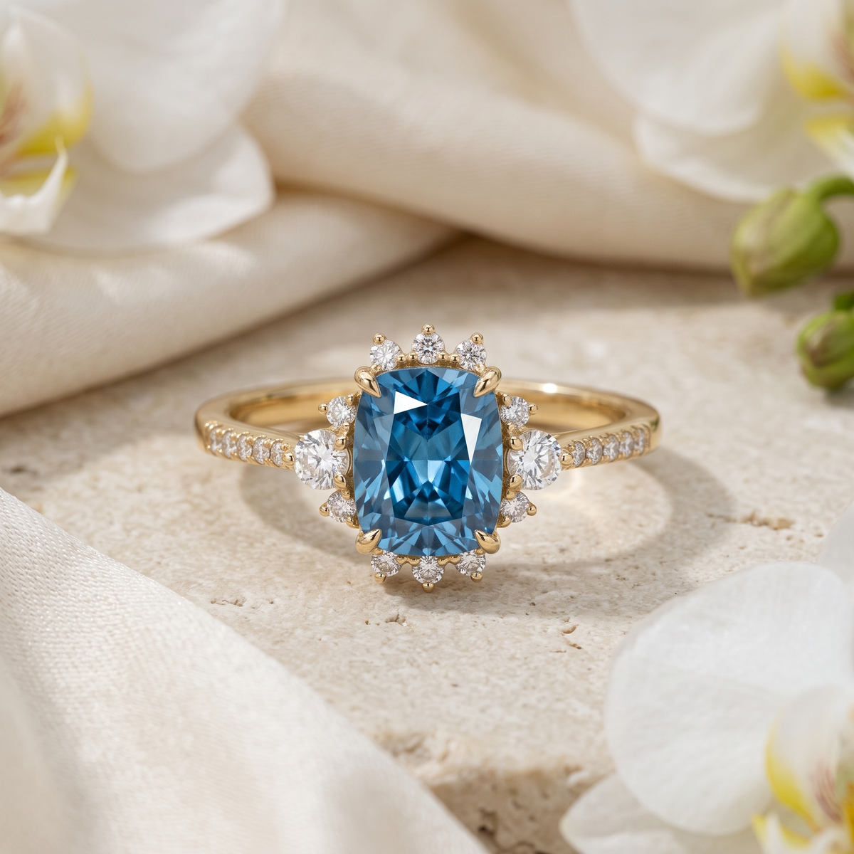 A yellow gold engagement ring featuring a cushion-cut blue moissanite centered in a diamond cluster halo with a pave band.