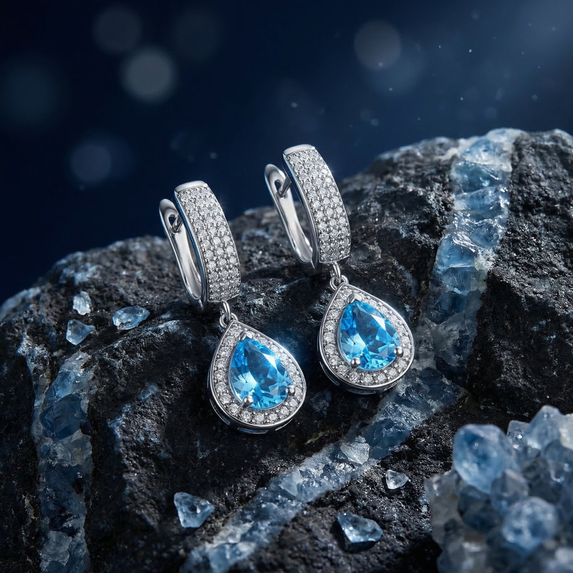 Pear cut Swiss blue topaz drop earrings in silver halo settings resting on dark mineral rocks.