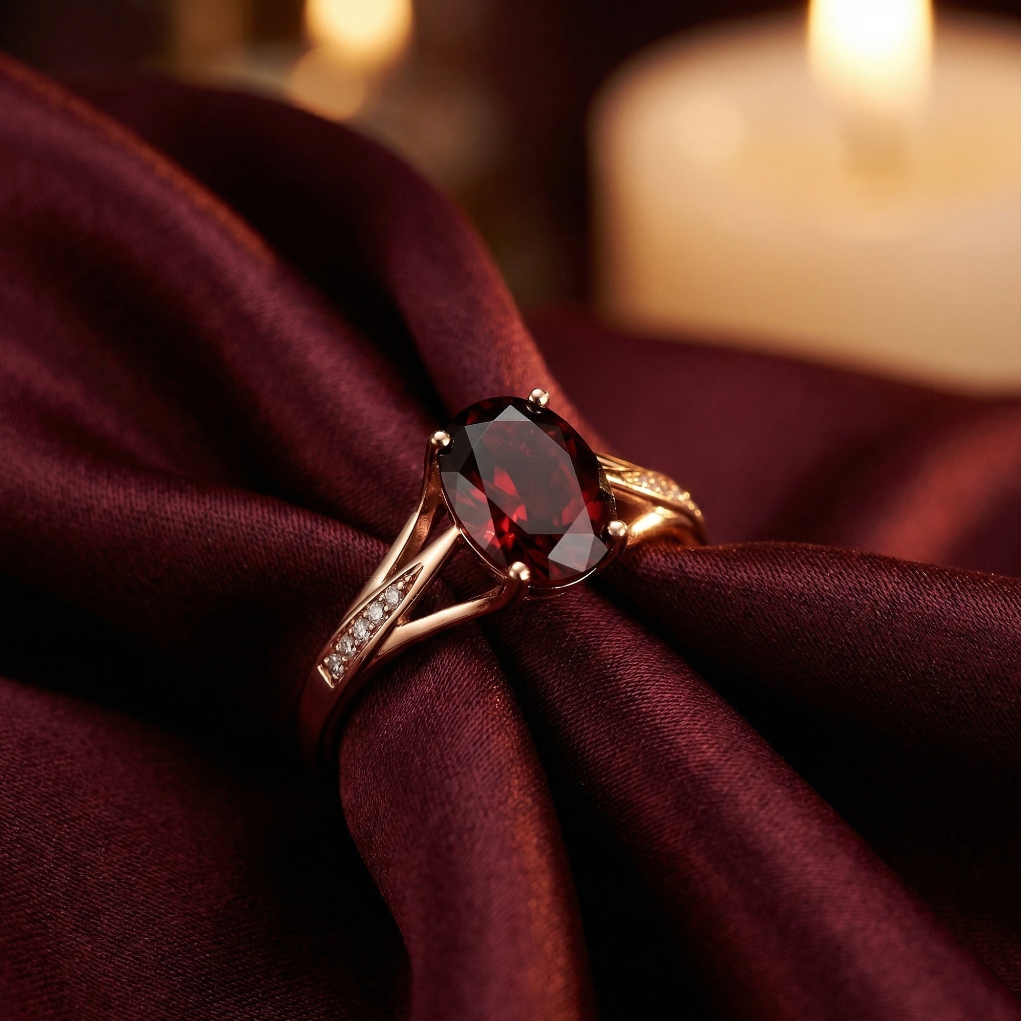 Oval cut natural garnet ring in 18K rose gold resting on dark red silk fabric with a warm candlelit background.