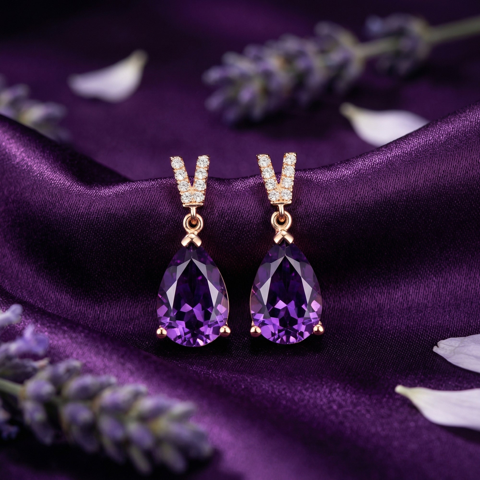 Pear cut amethyst drop earrings in 18k rose gold displayed on purple silk with lavender sprigs.