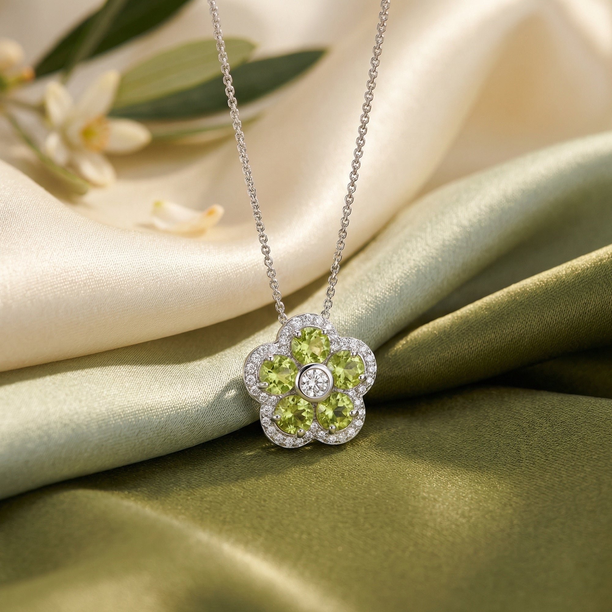 Sterling silver Florisara pendant with round-cut peridot stones on draped green and cream silk fabric.