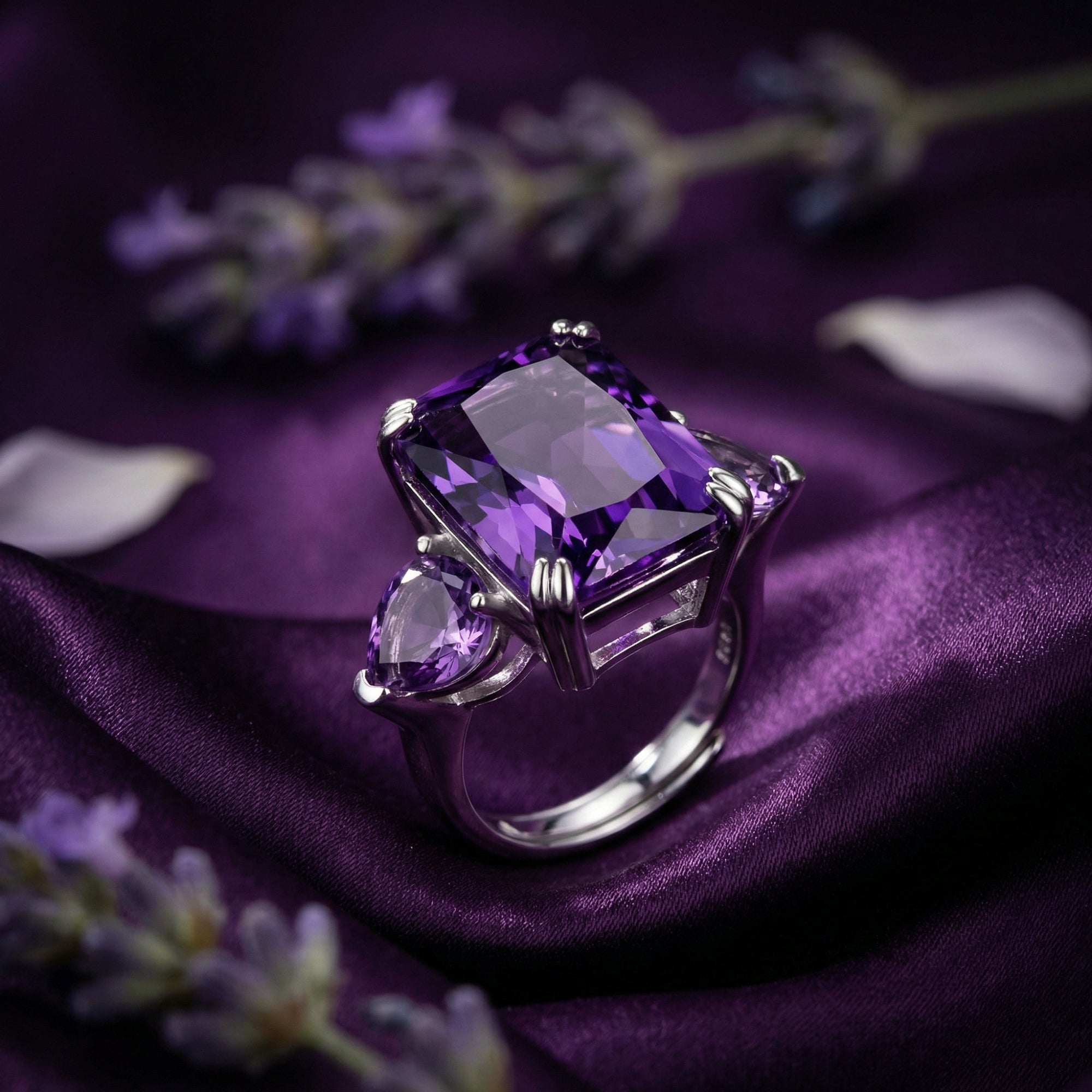 Square cut amethyst statement ring in sterling silver displayed on purple silk fabric with lavender.