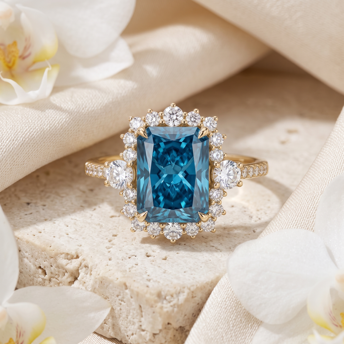 Front view of a blue radiant cut moissanite ring with a diamond halo in yellow gold.