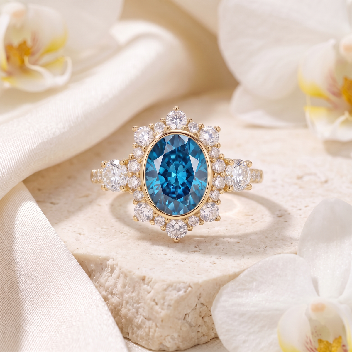 Front view of the yellow gold halo engagement ring featuring an oval blue moissanite stone surrounded by starburst moissanite accents.