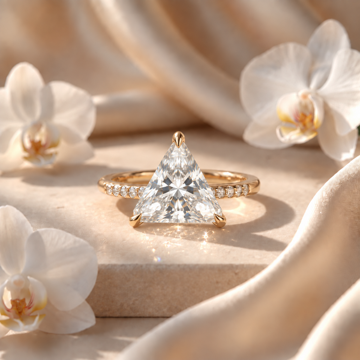 Front-facing view of a gold trillion cut moissanite engagement ring with a pave band.