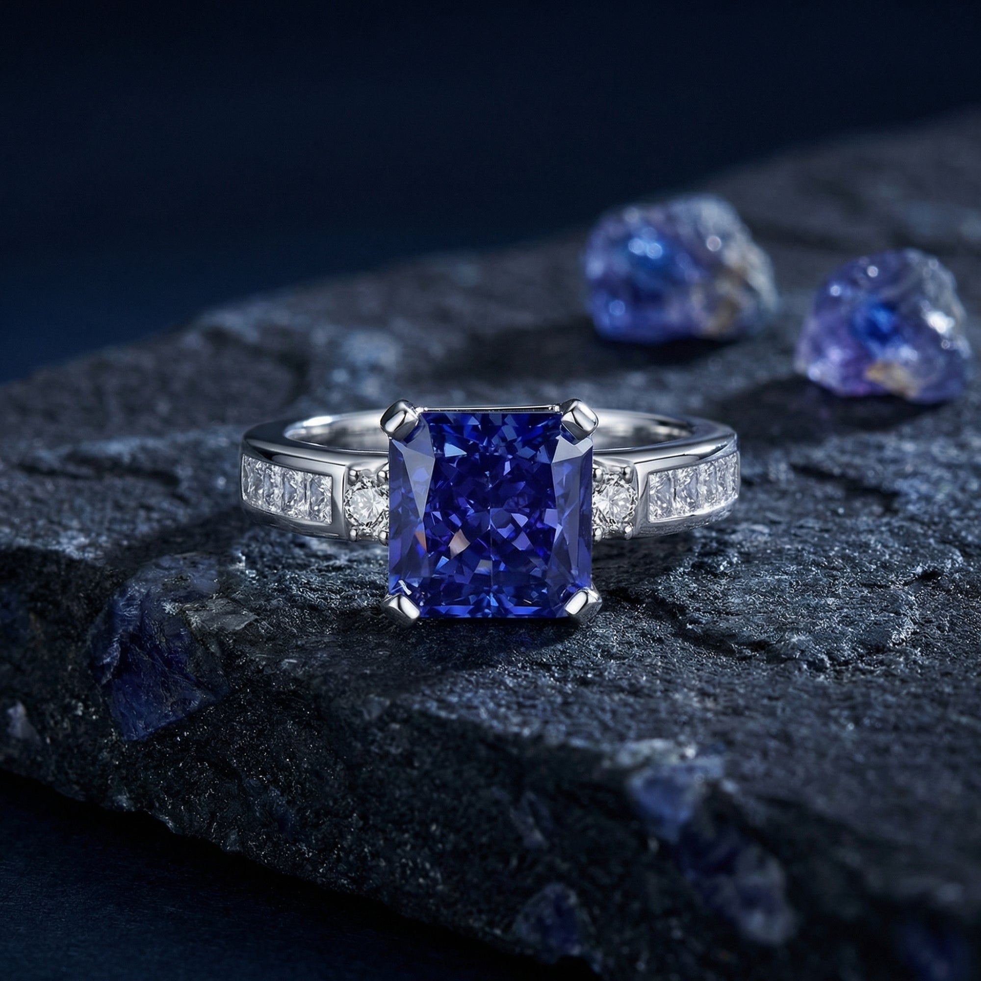 The Adelina princess cut tanzanite ring in sterling silver on a dark stone background with raw crystals.