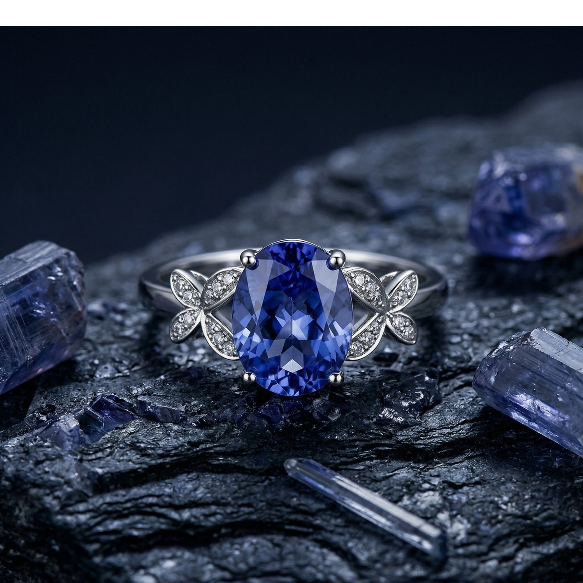 Oval tanzanite and diamond butterfly ring in 18K white gold on a dark rocky surface with raw crystals.