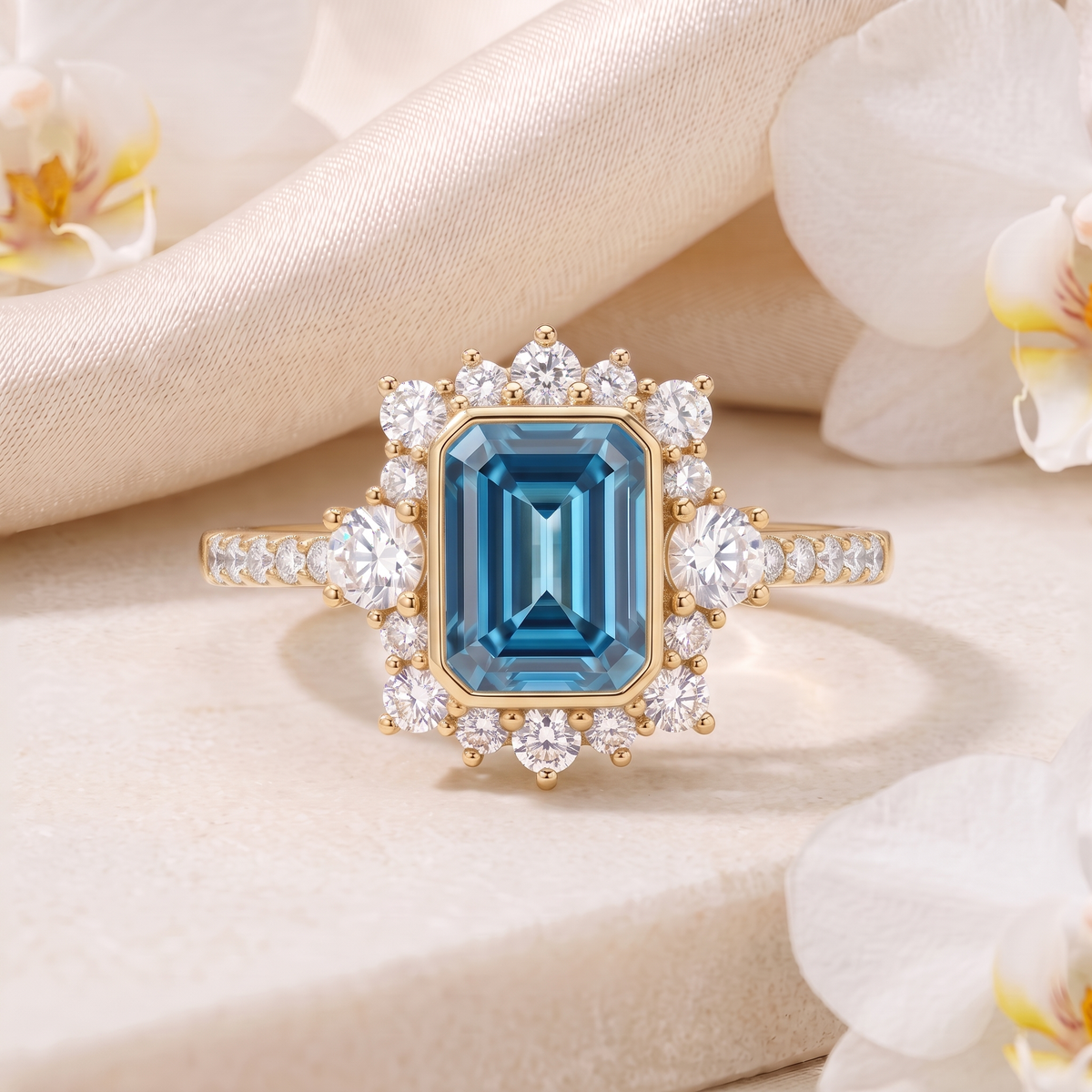 Front-facing view of an emerald-cut blue gemstone halo ring in yellow gold.