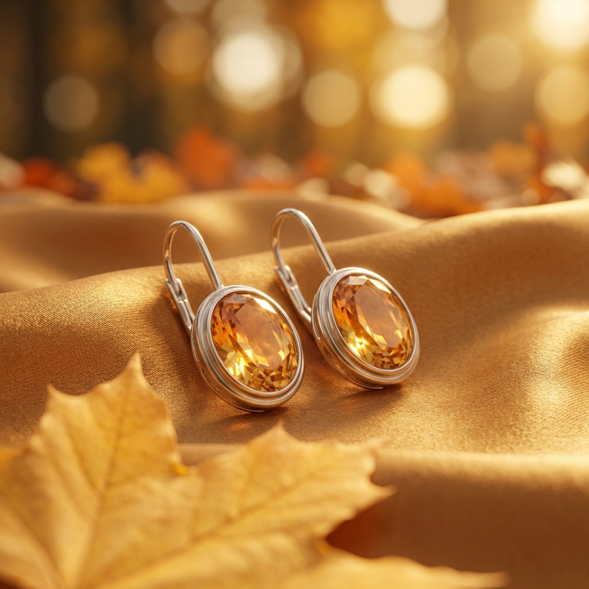 Sterling silver oval cut natural citrine drop earrings resting on golden fabric with autumn leaves.