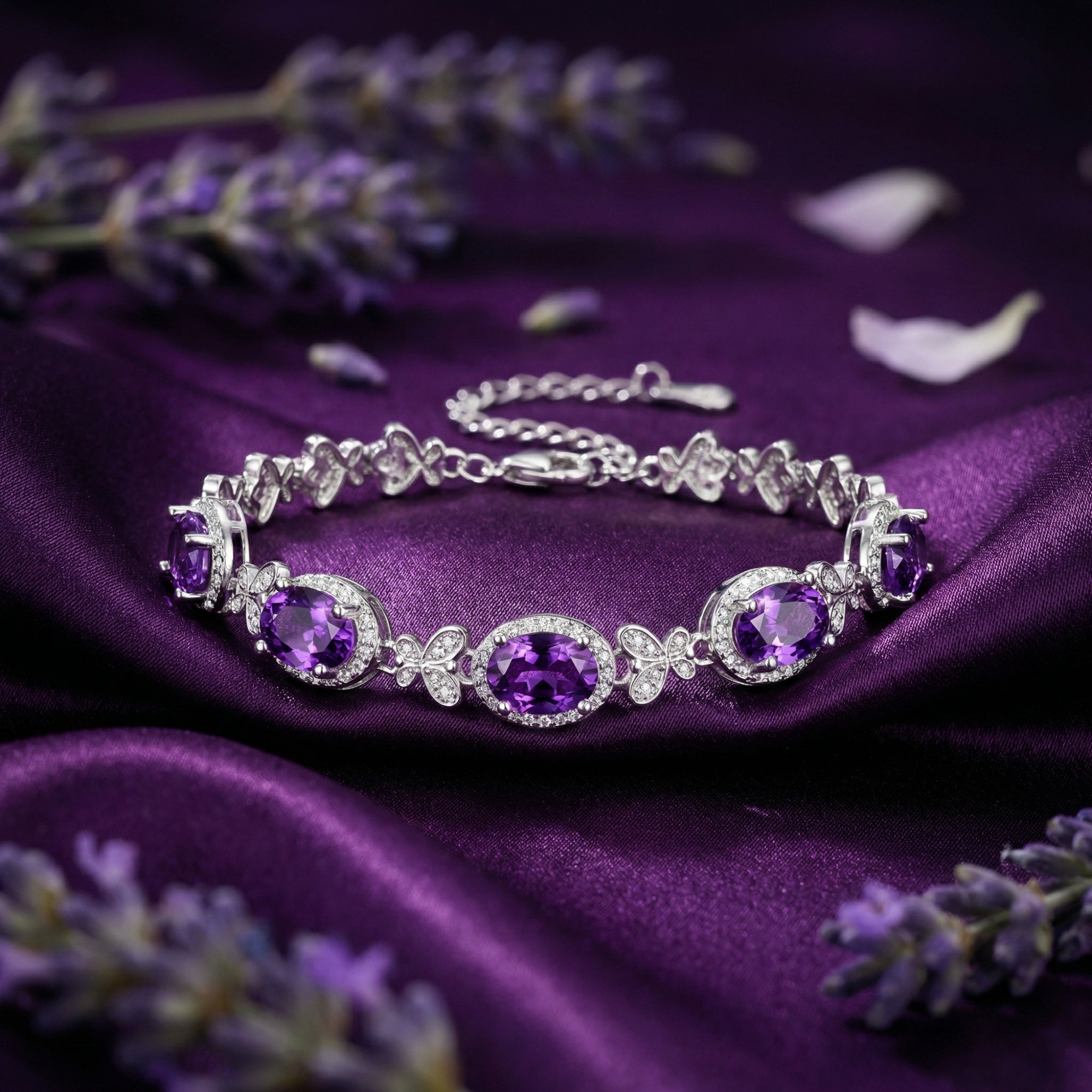 Quintara S925 sterling silver station bracelet with oval cut amethysts on purple satin with lavender sprigs.