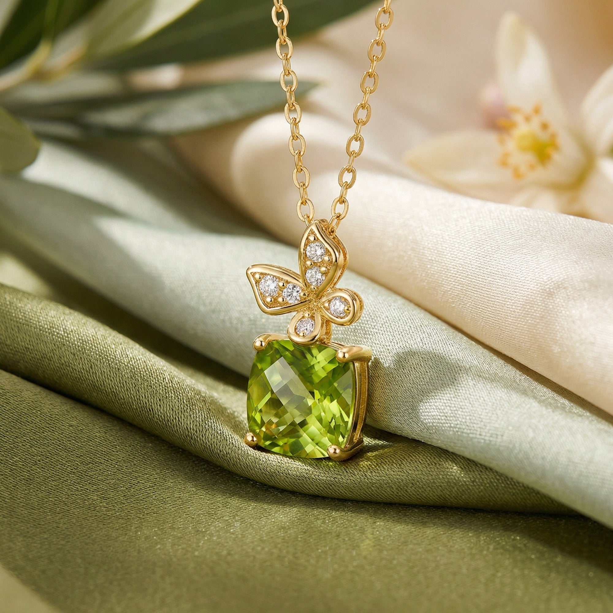 Lifestyle view of the cushion cut natural peridot pendant in 18K gold vermeil on green silk fabric.