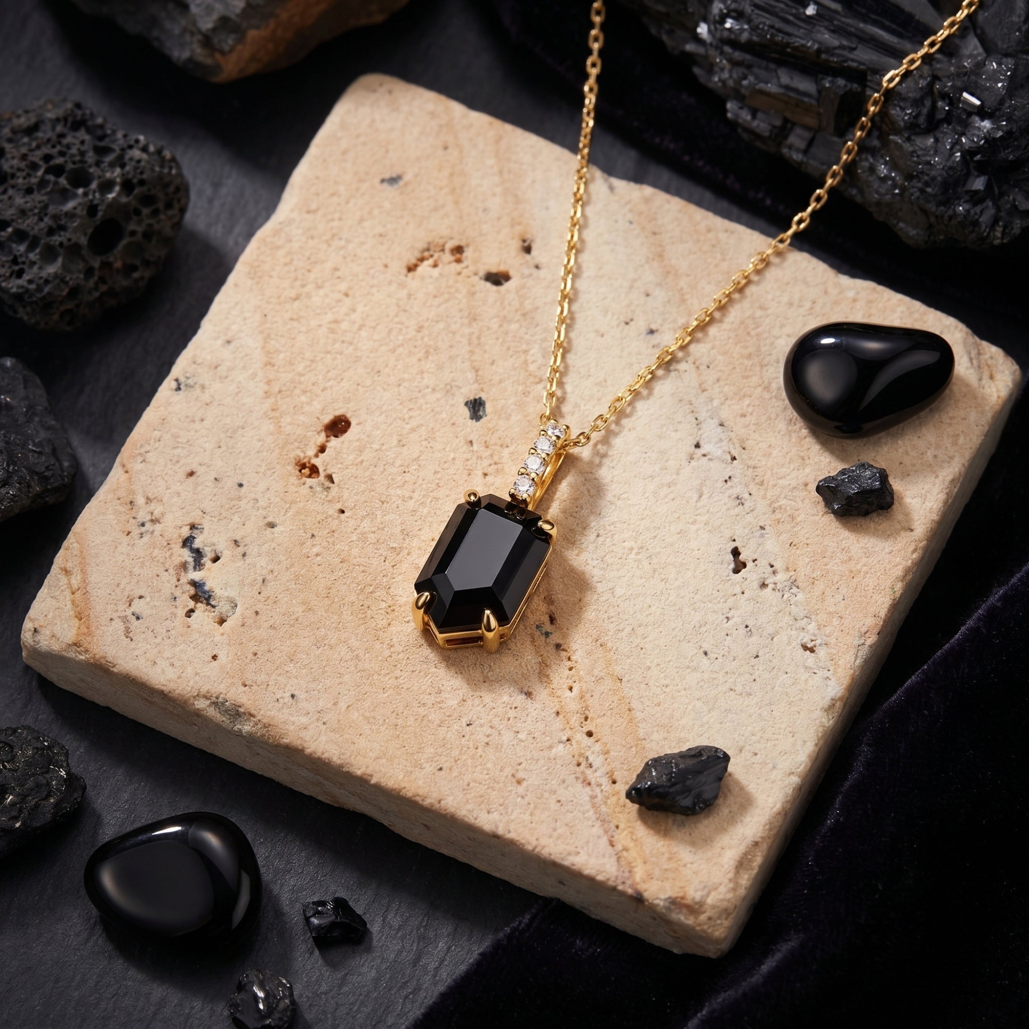Square-cut black onyx pendant on an 18K gold plated chain, styled on a stone slab with black volcanic rocks.
