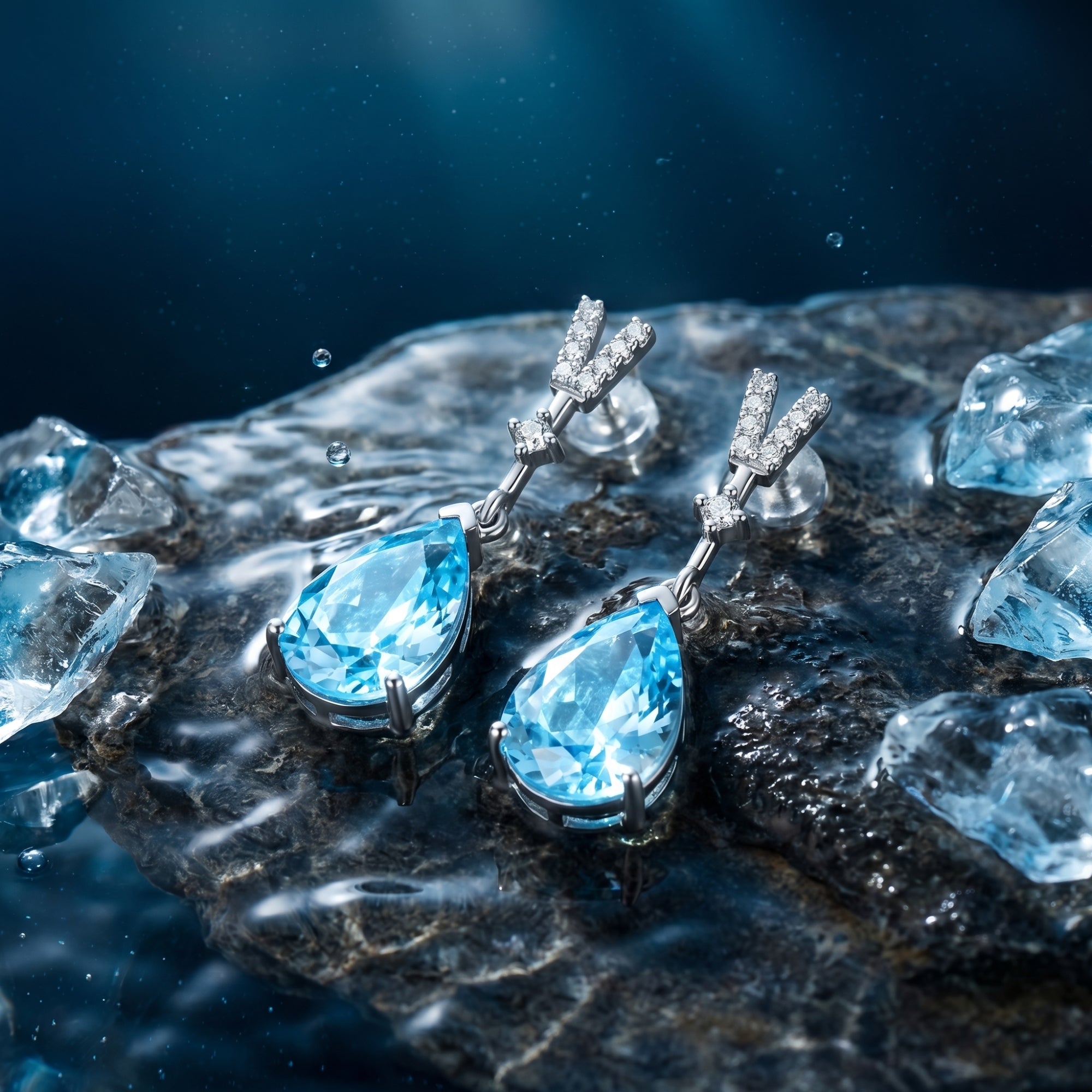 Pear-cut aquamarine drop earrings in platinum on a wet rock with ice, showcasing oceanic blue brilliance.