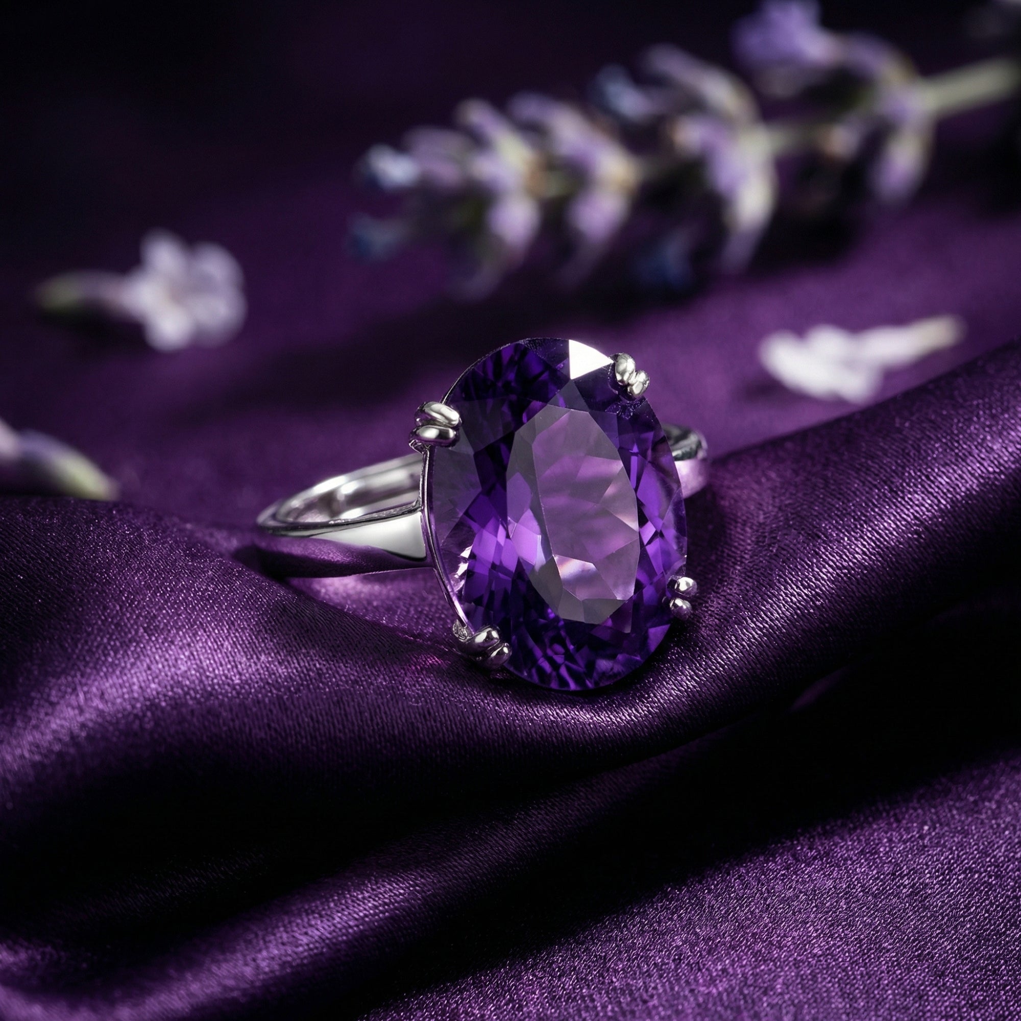 Oval cut amethyst statement ring in sterling silver displayed on draped purple satin with lavender.