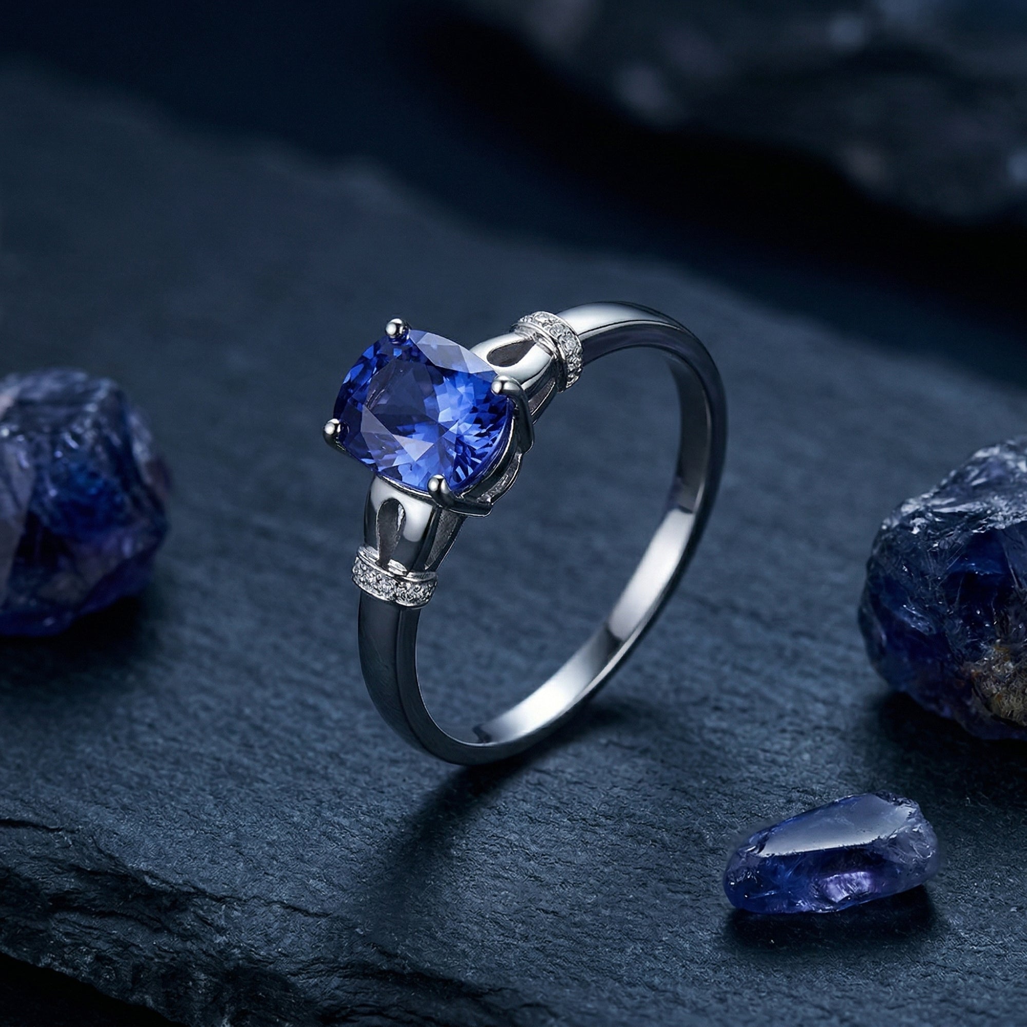 Oval tanzanite ring in 18K white gold with diamond accents on a dark stone background with raw crystals.
