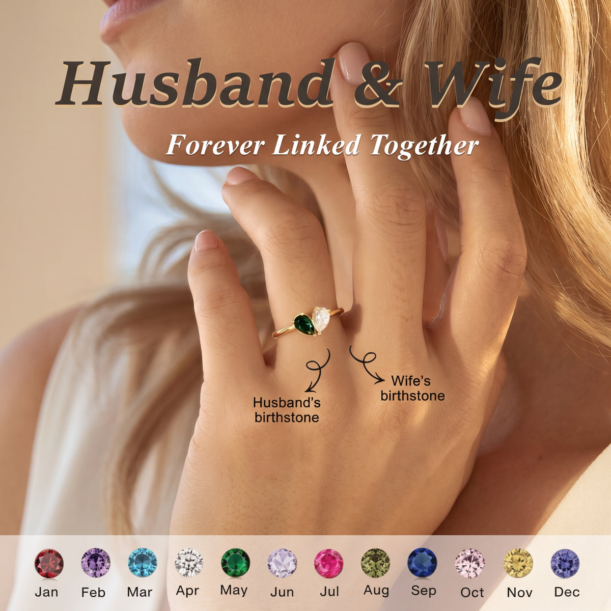 Husband and Wife two-pear birthstone heart ring with month colour references