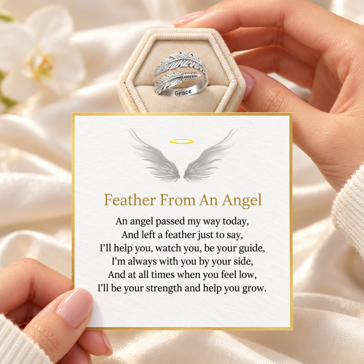 Silver feather wrap ring with example Grace engraving and the Feather From An Angel message card