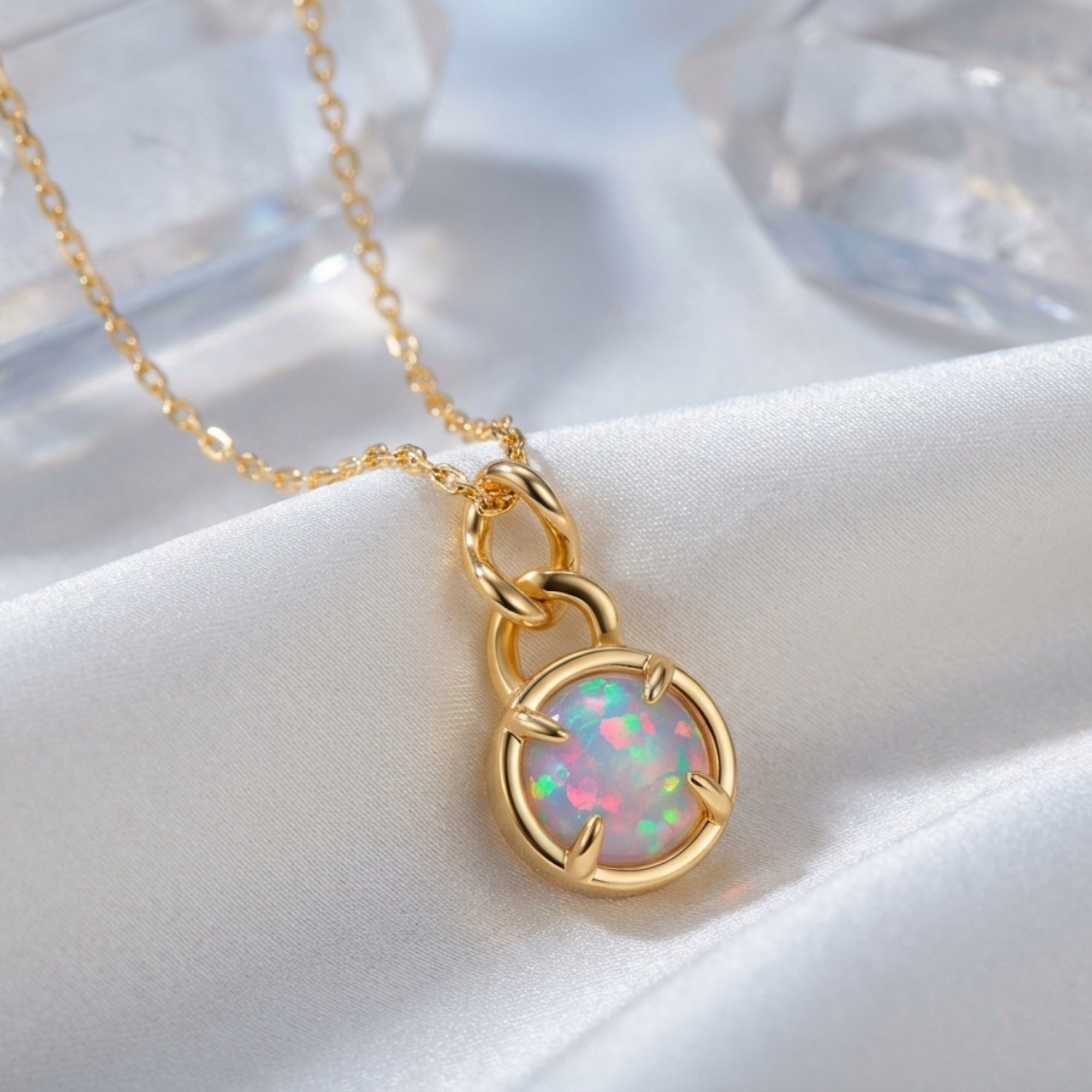 Gold-tone round cut white opal pendant necklace displayed on white silk with crystal props.
