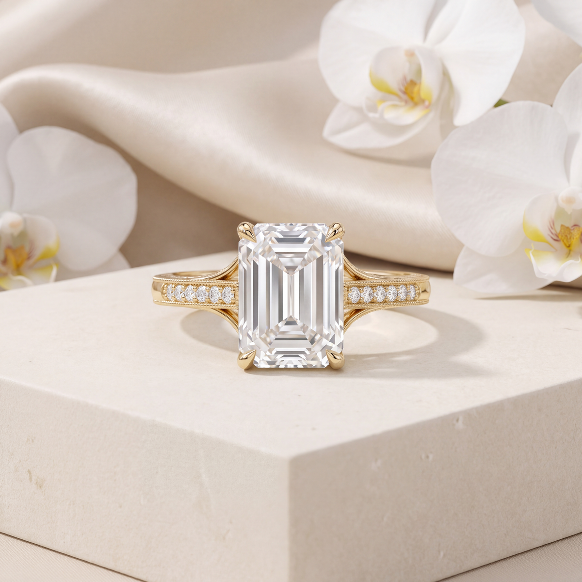 Front view of an emerald-cut moissanite engagement ring with a milgrain split shank in yellow gold.