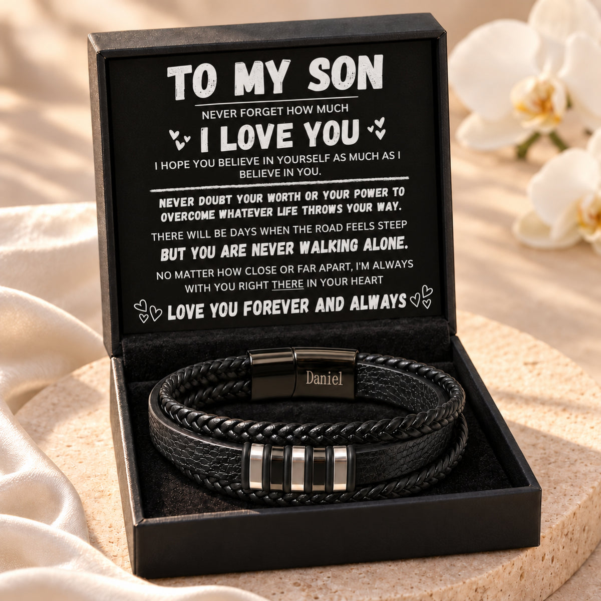 Black braided son bracelet in standard gift box with To My Son message card; Daniel is sample clasp engraving