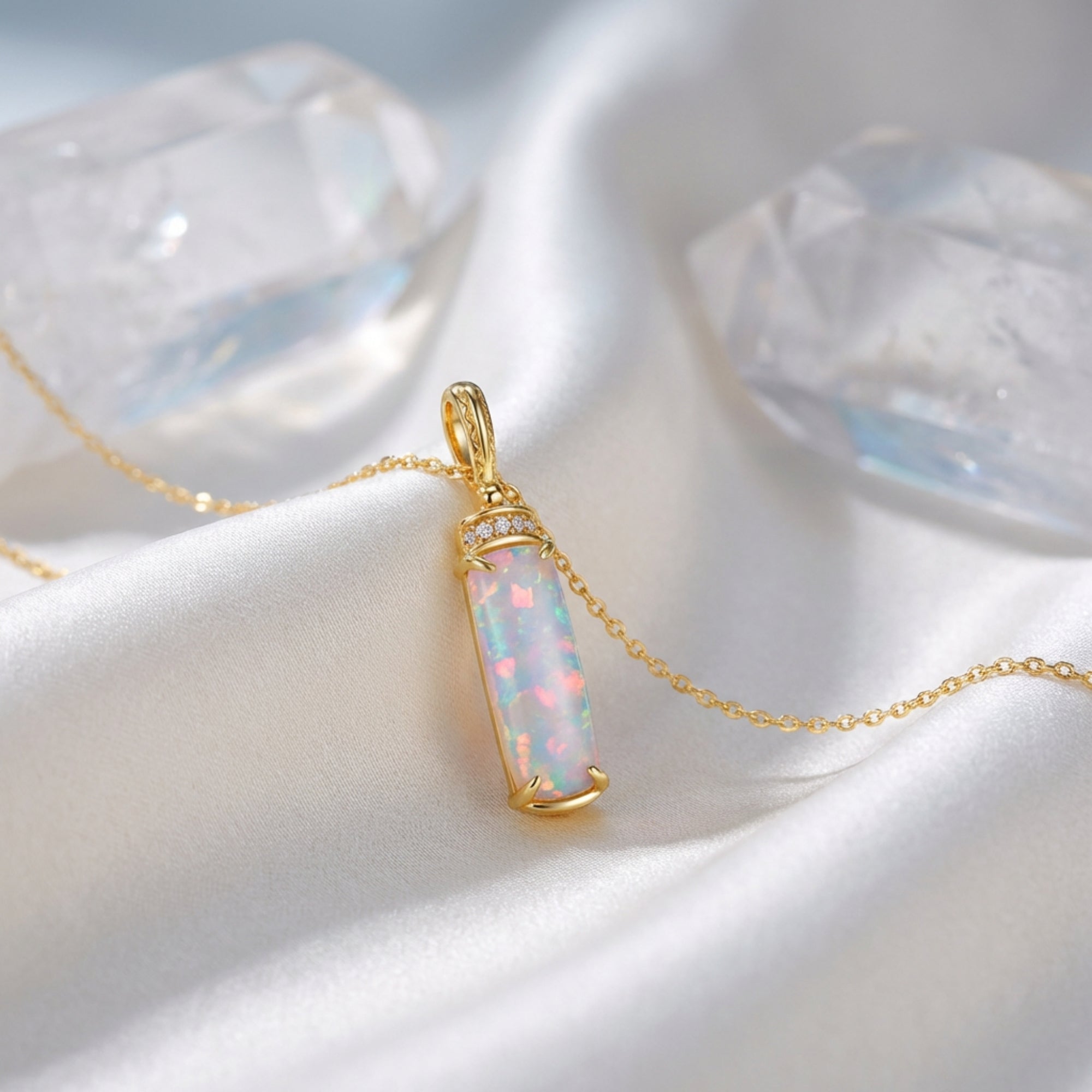 Gold-tone sterling silver Galatea necklace with a column-cut white opal pendant on white silk fabric.