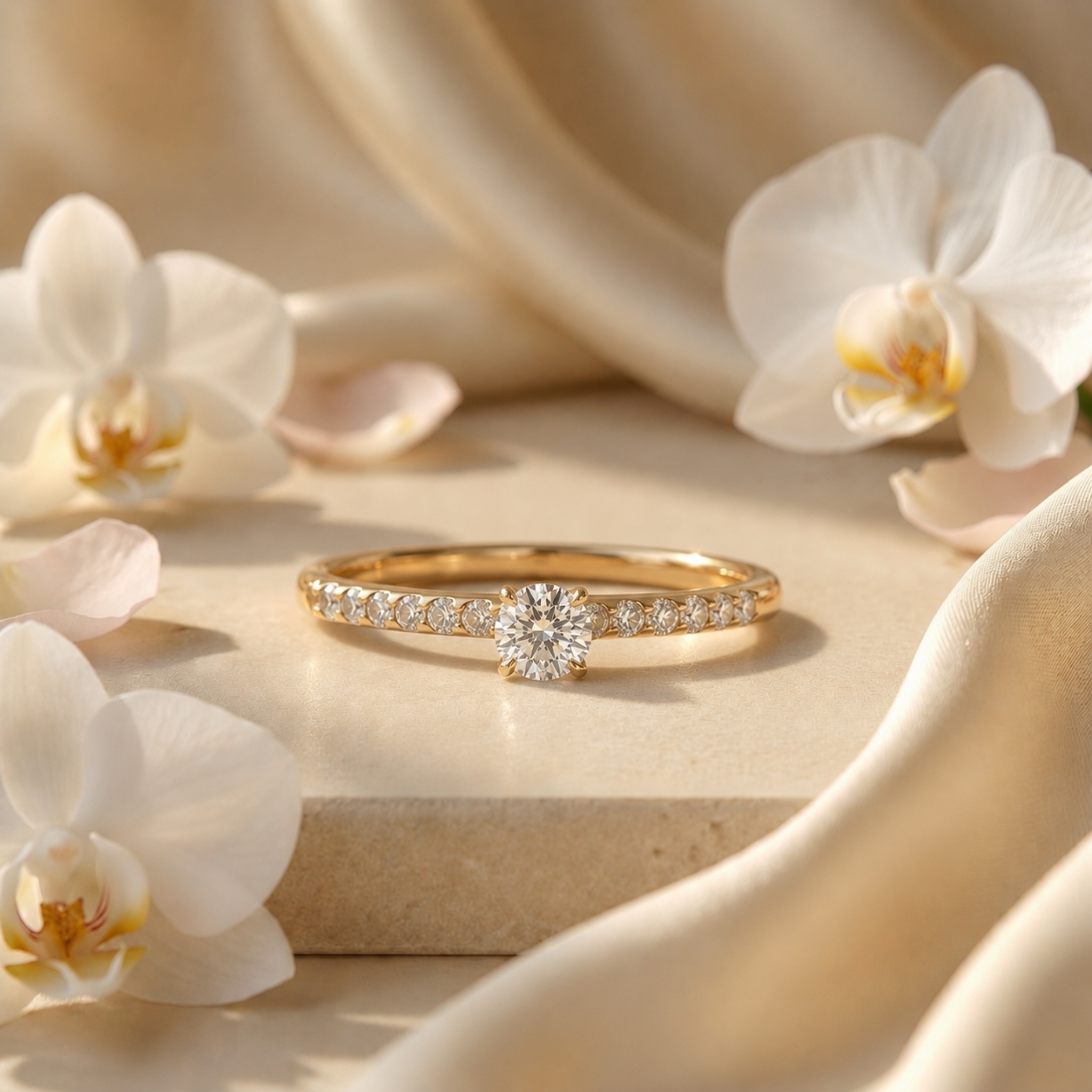 A brilliant round-cut moissanite engagement ring with a pavé yellow gold band, elegantly displayed on a stone surface with white orchids.