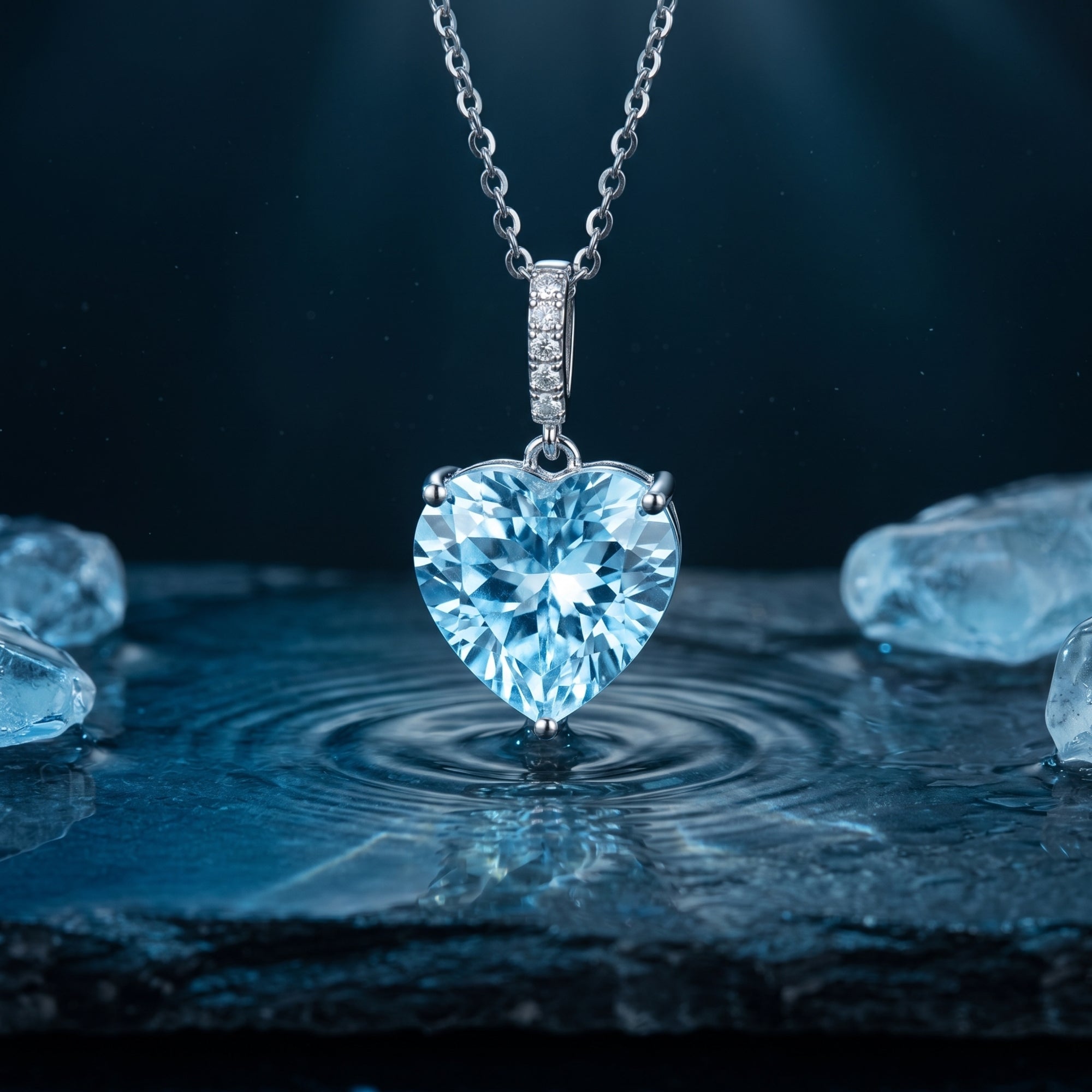 Heart cut aquamarine pendant necklace in platinum touching water with ripples, styled with ice on a dark background.